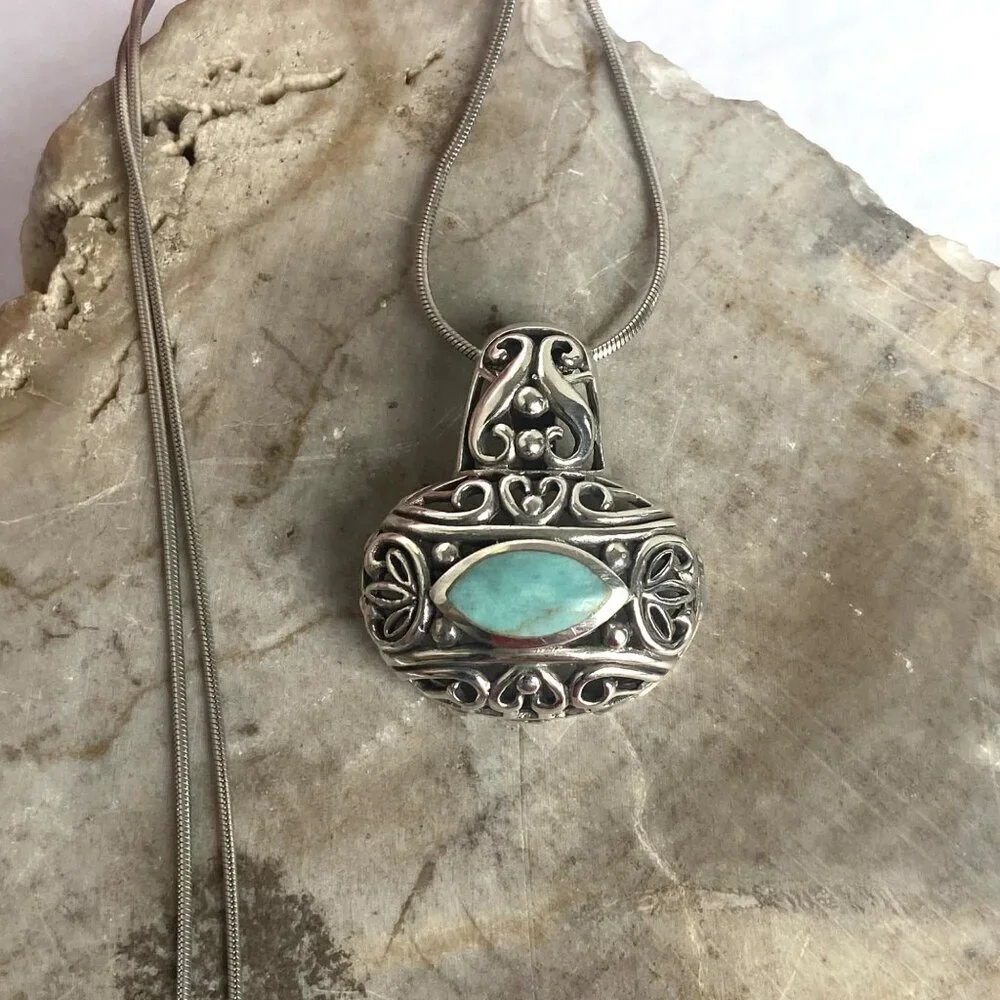 Sterling Silver 925 Chunky Bali Style Scrollwork Turquoise Pendant Necklace 18